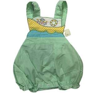 Vintage New Mayfair Baby Romper Overall Green Boat Gingham Newborn Neutral